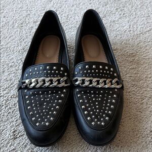 BCBGeneration Black Loafers with Silver Chain and Studs